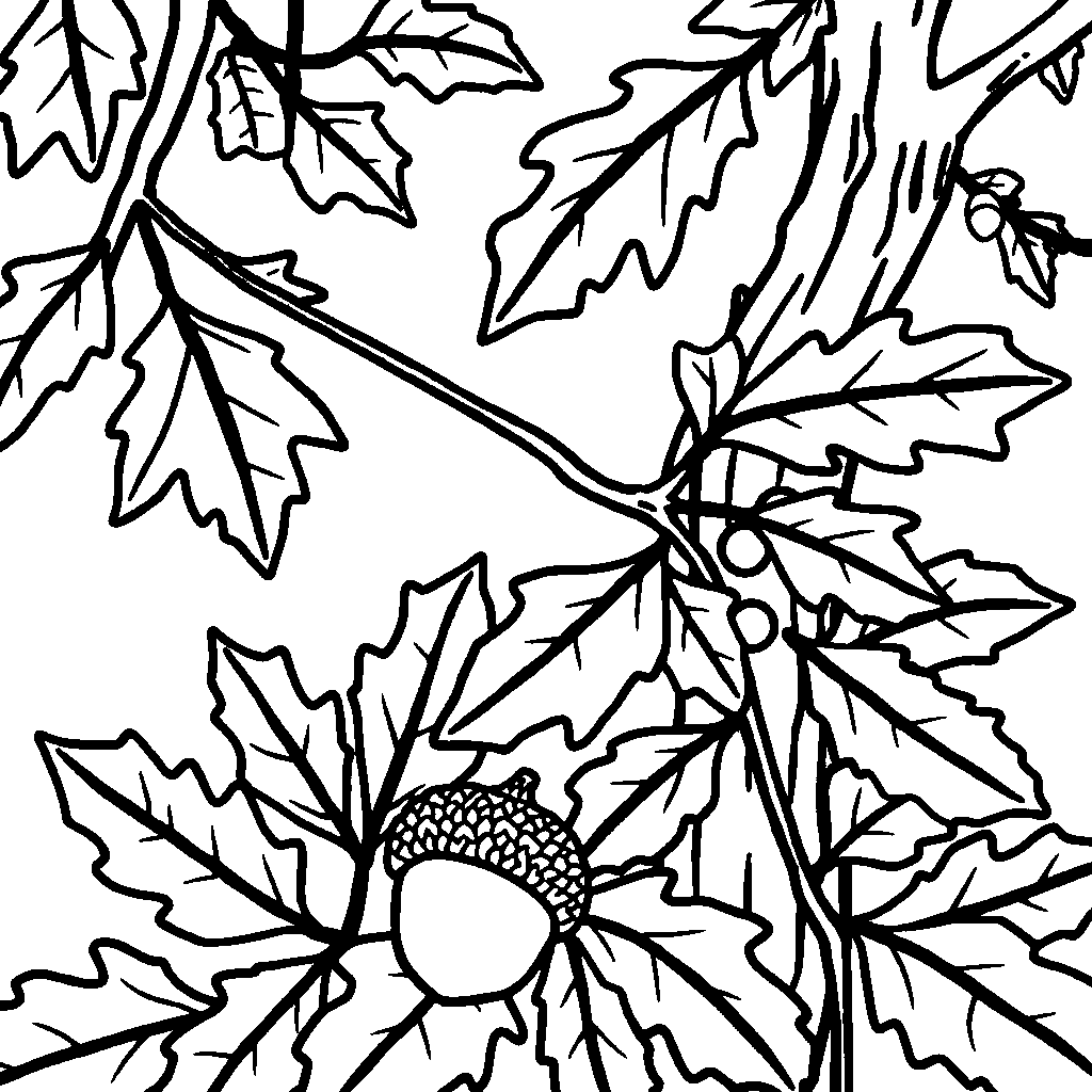 Acorn And Oak Leaves In Forest Coloring Page