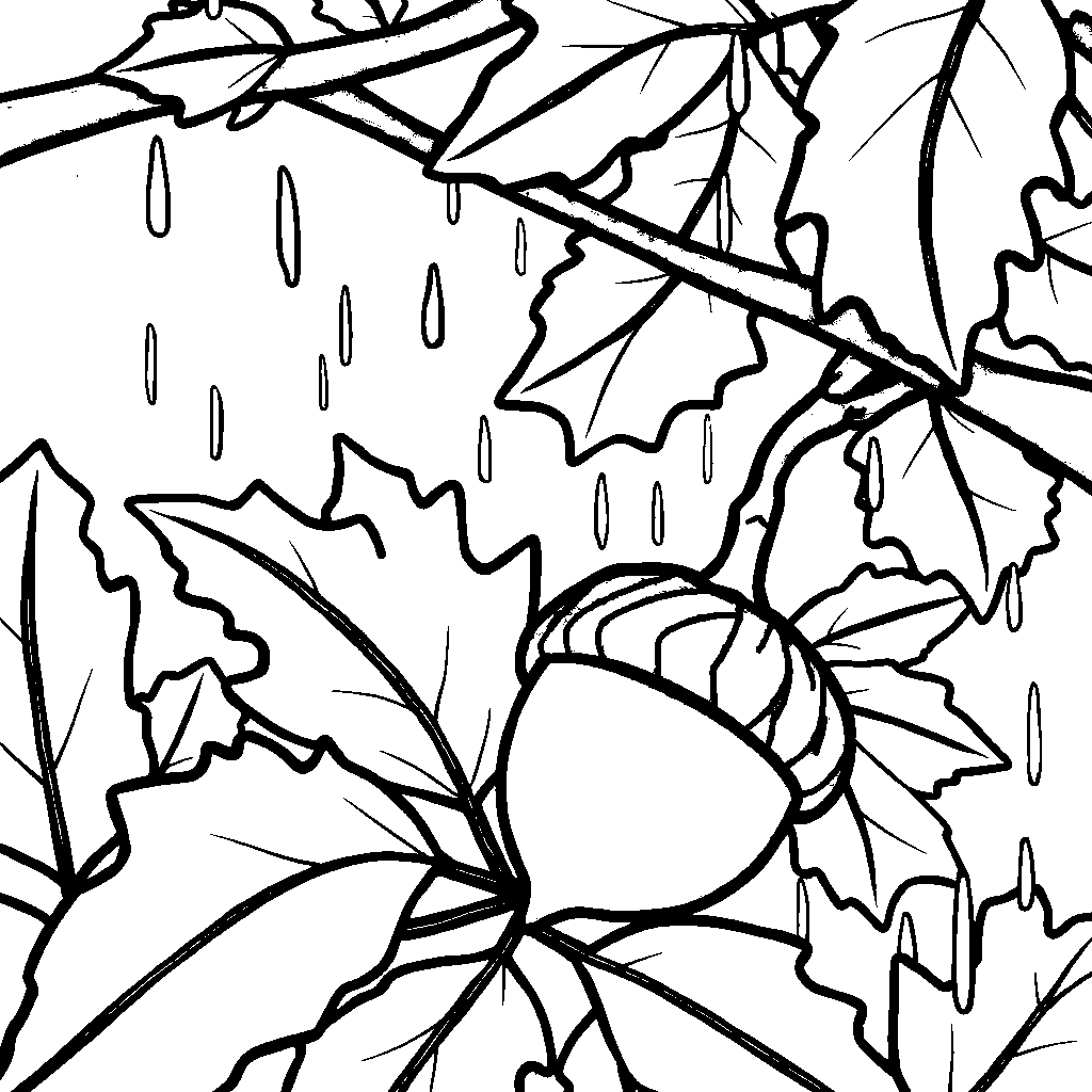 Acorn And Oak Leaves In Rain Coloring Page