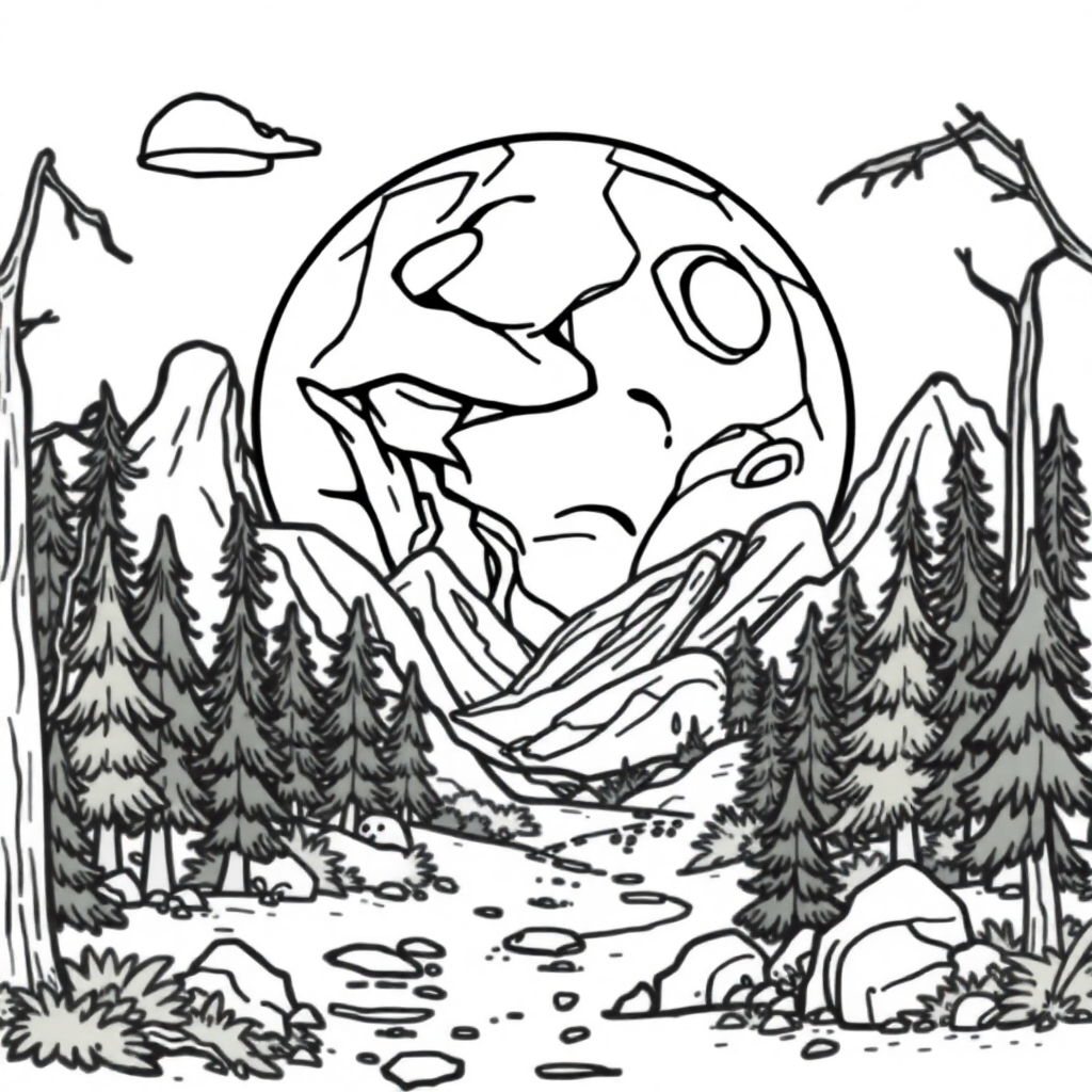 Alien Planet Landscape In Forest Coloring Page