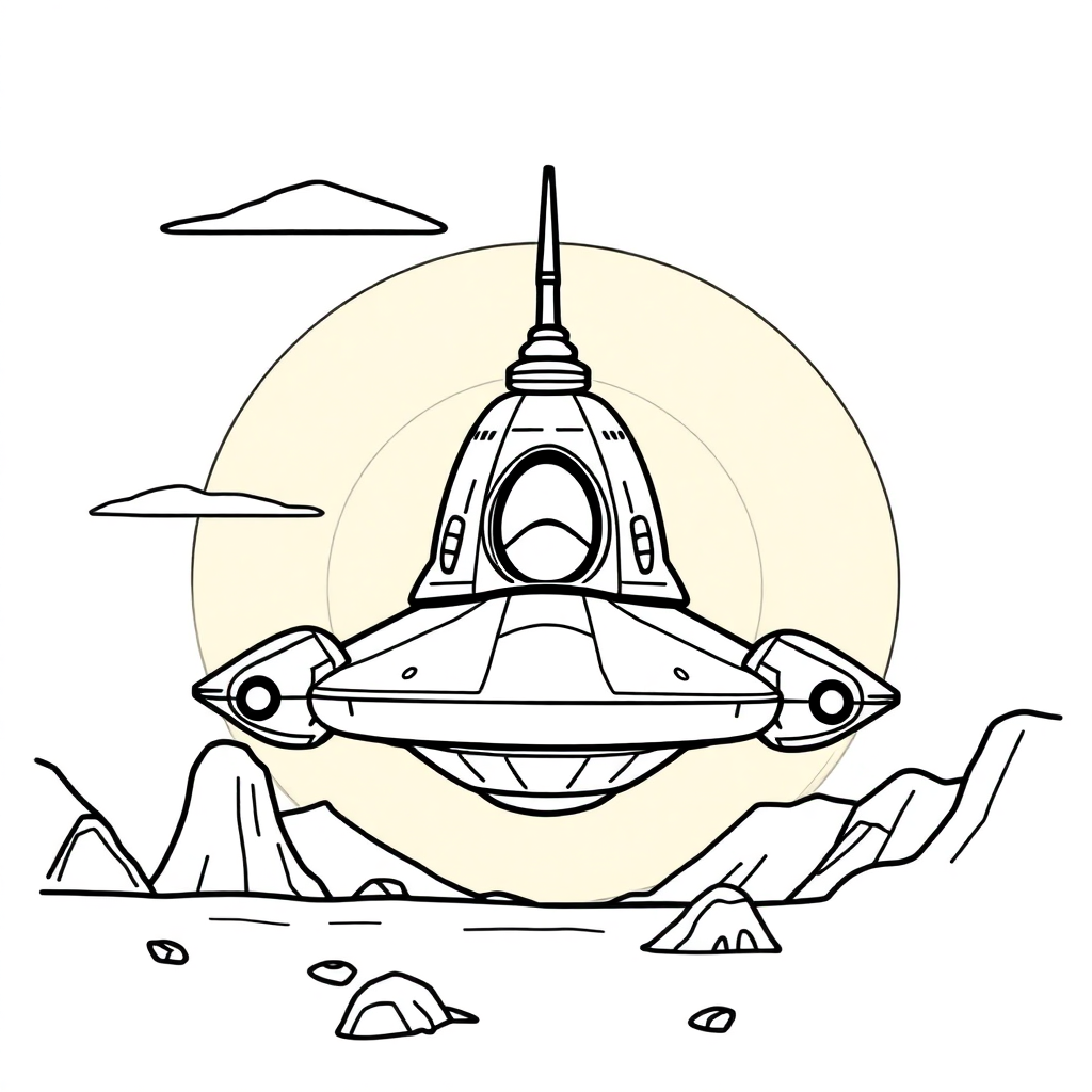 Alien Spaceship At Sunset Coloring Page