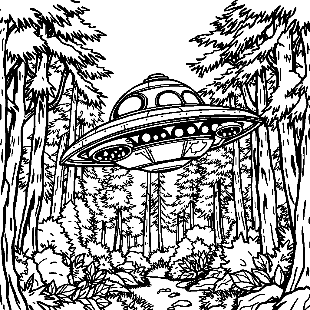 Alien Spaceship In Forest Coloring Page