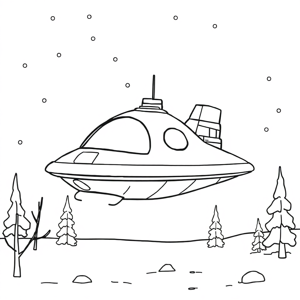 Alien Spaceship In Winter Coloring Page