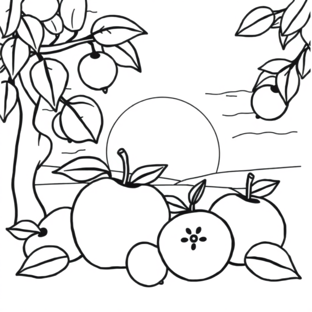 Apple And Fruits At Sunset Coloring Page