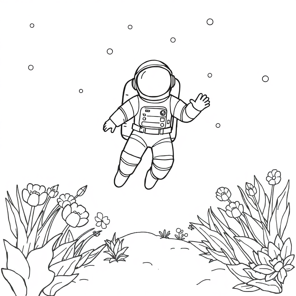 Astronaut Floating In Space In Garden Coloring Page