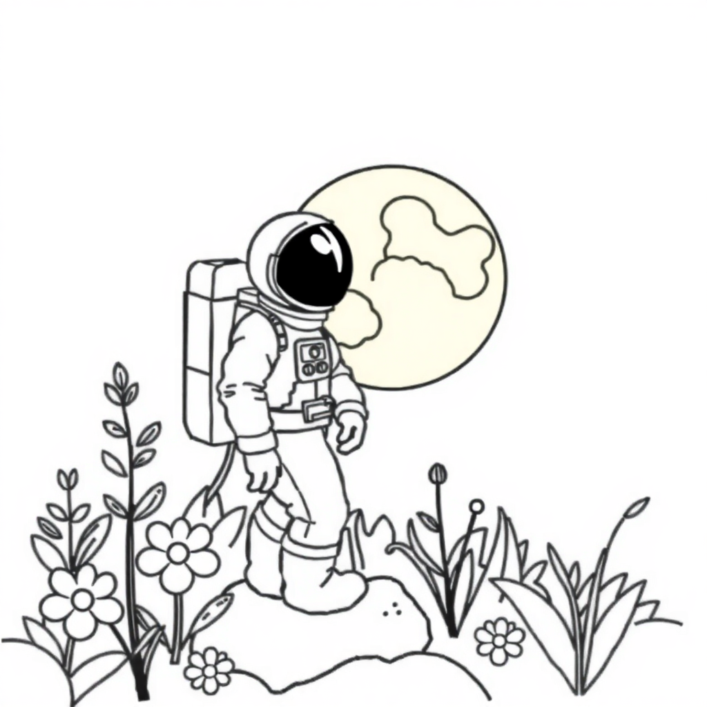Astronaut On Moon In Garden Coloring Page