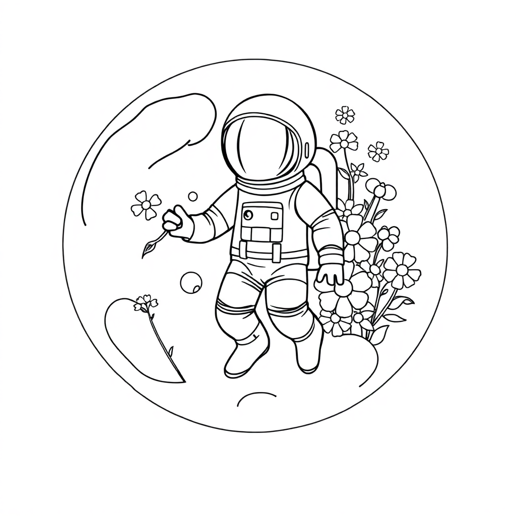 Astronaut On Moon With Flowers Coloring Page