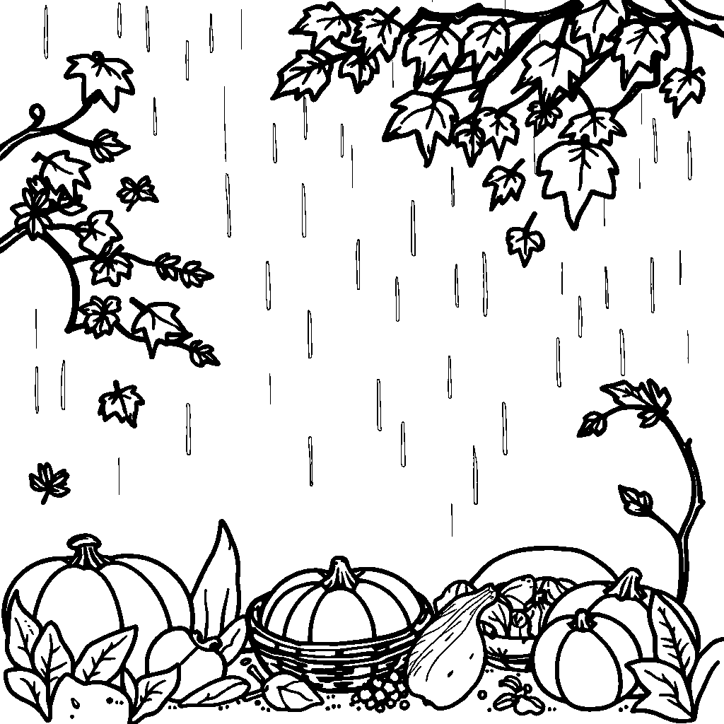 Autumn Harvest In Rain Coloring Page