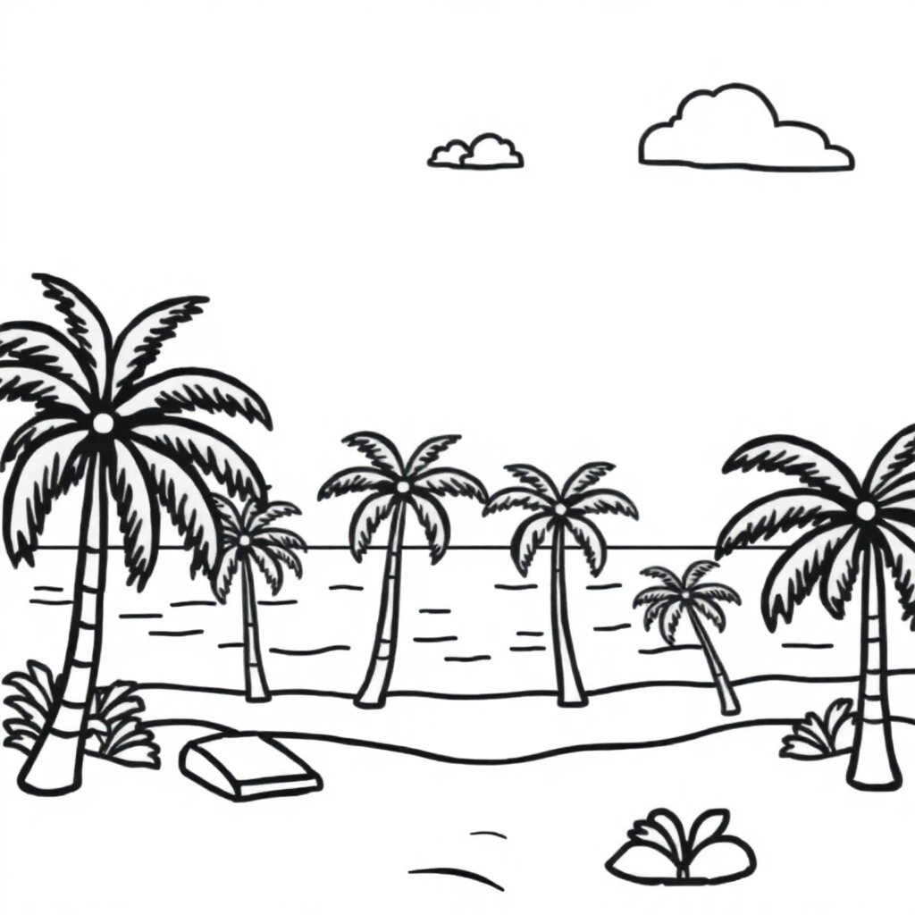 Baby Beach With Palm Trees Coloring Page