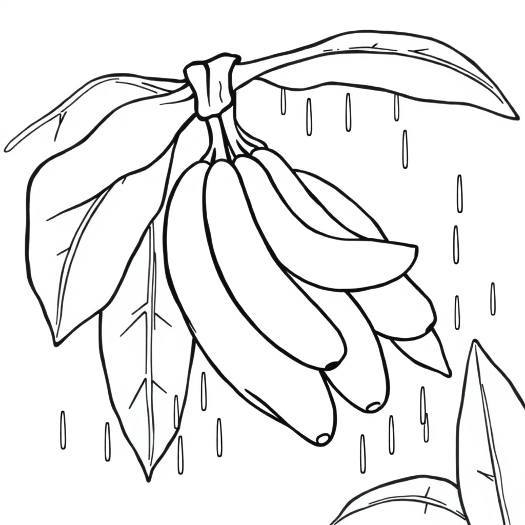Banana Bunch In Rain Coloring Page