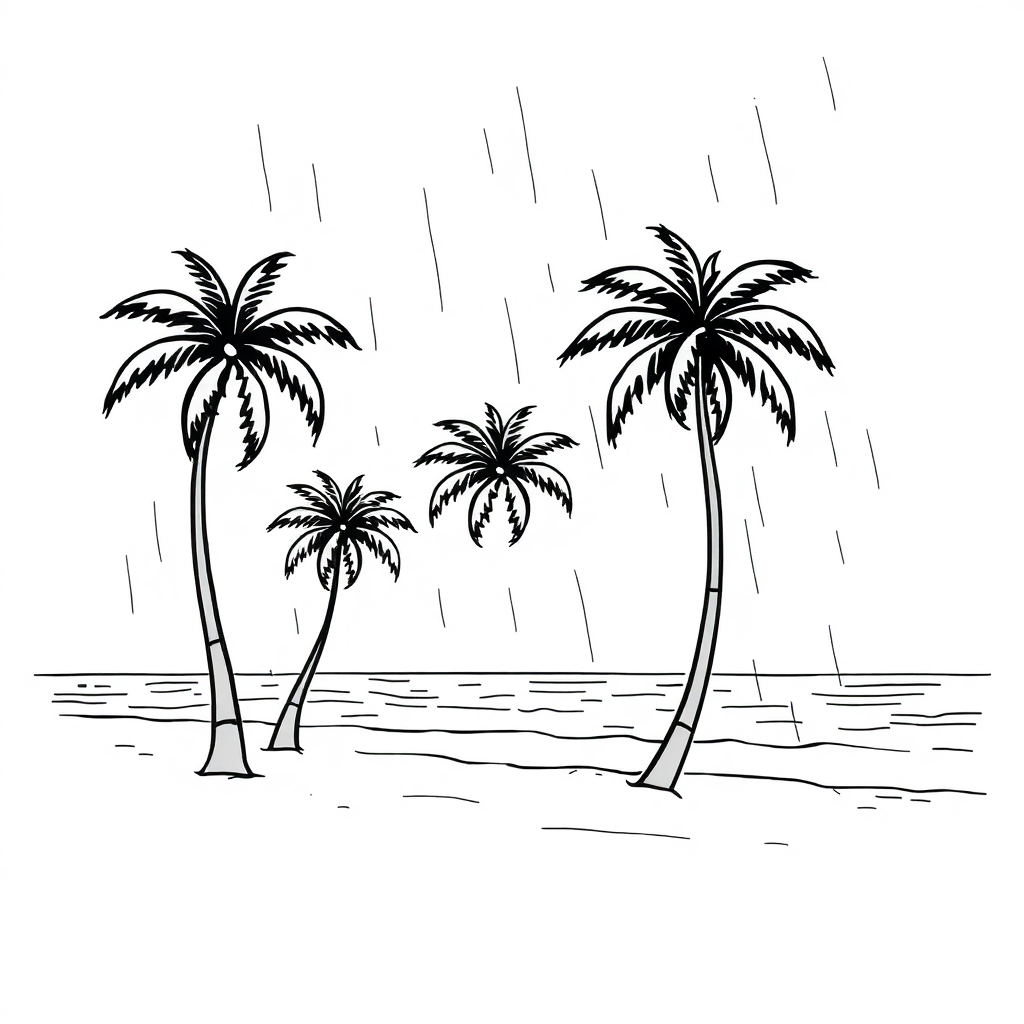 Beach With Palm Trees In Rain Coloring Page