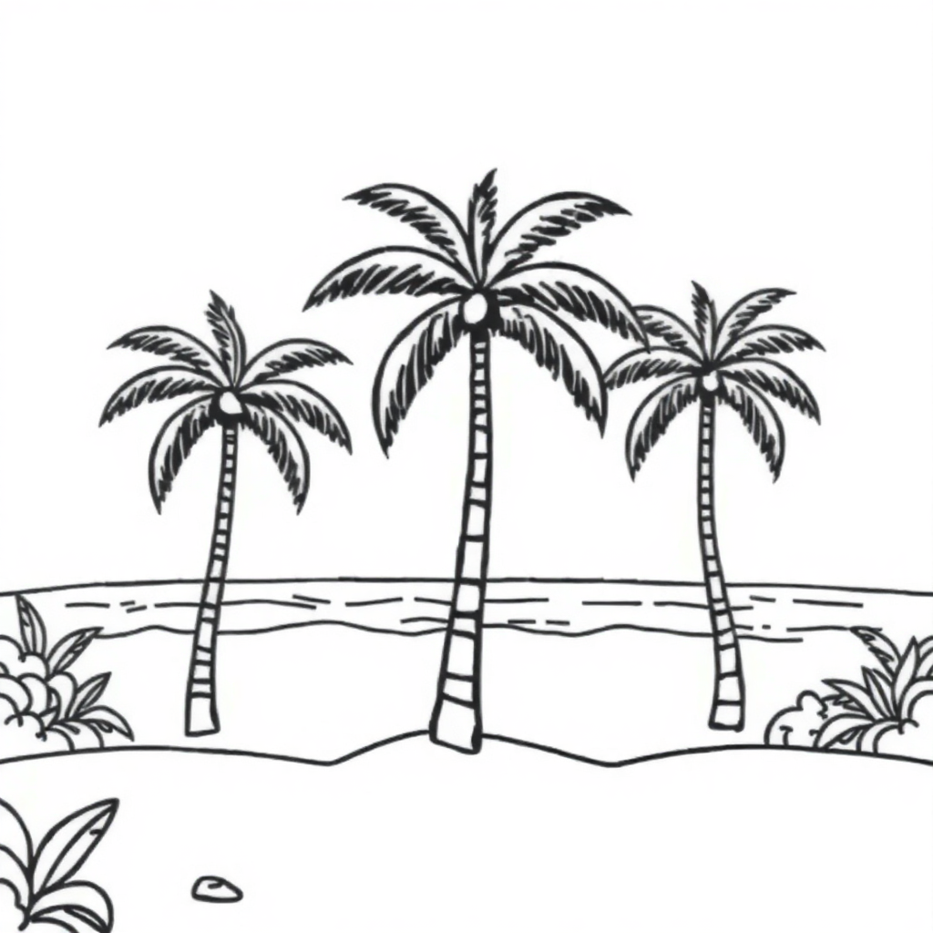 Beach With Palm Trees In Space Coloring Page
