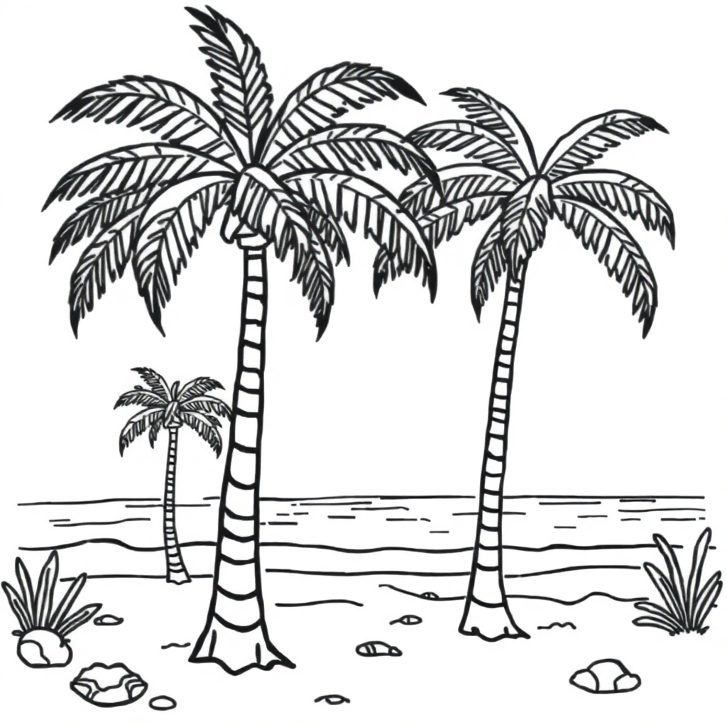 Beach With Palm Trees Underwater Coloring Page