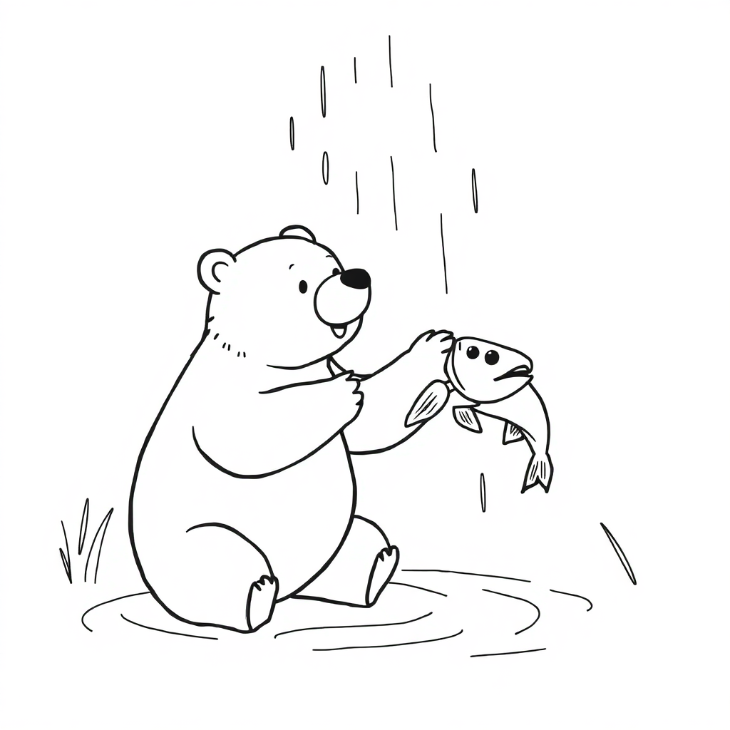 Bear Catching Fish In Rain Coloring Page