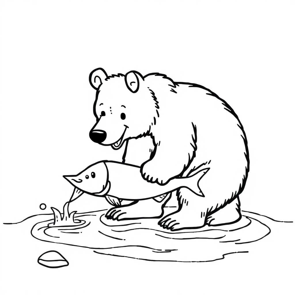 Bear Catching Fish On Beach Coloring Page