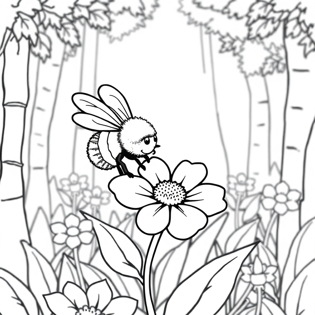 Bee On Flower In Forest Coloring Page