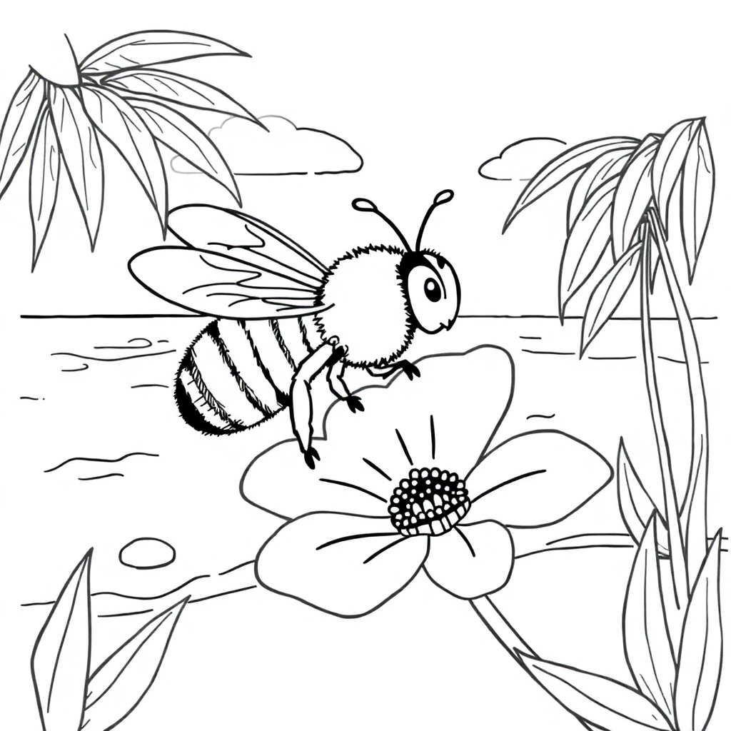 Bee On Flower On Beach Coloring Page