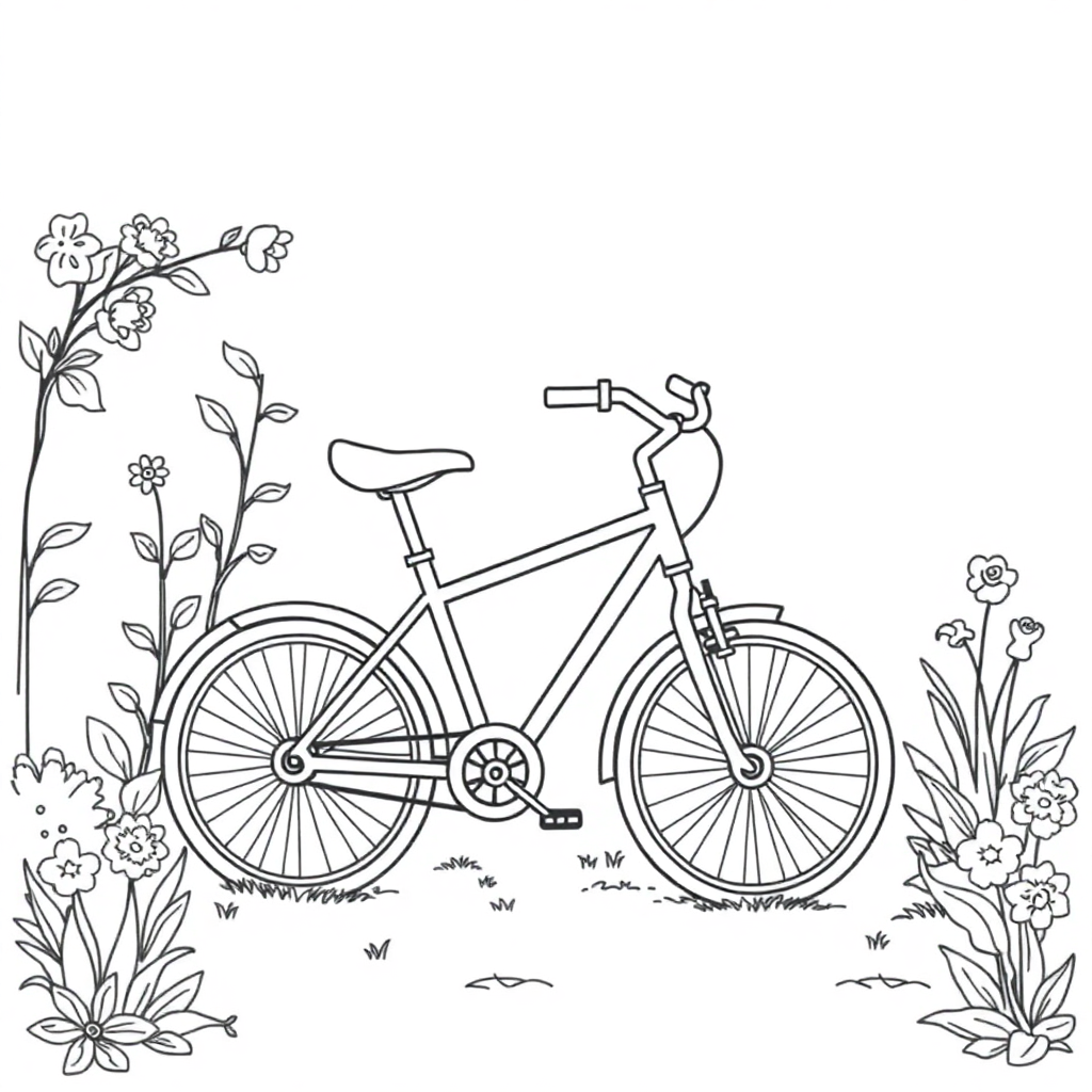 Bicycle In Garden Coloring Page