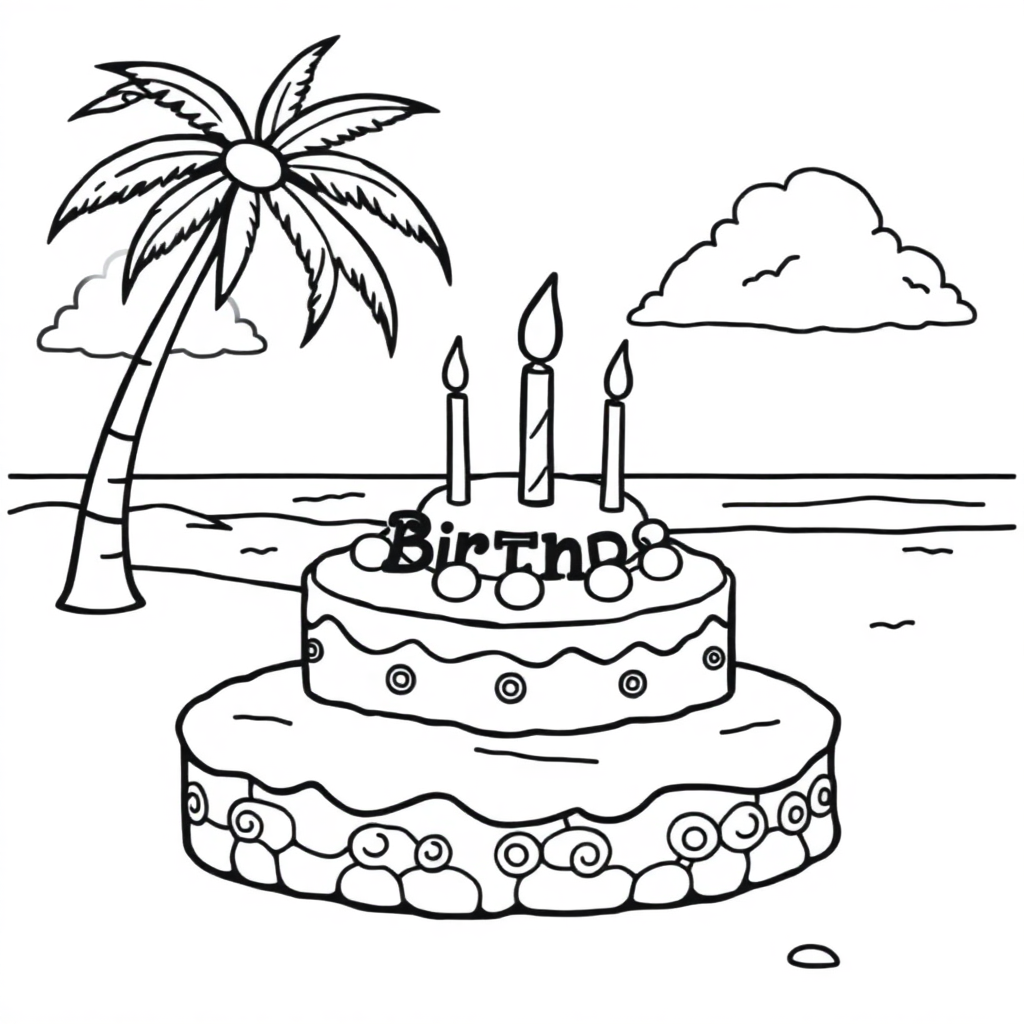 Birthday Cake On Beach Coloring Page
