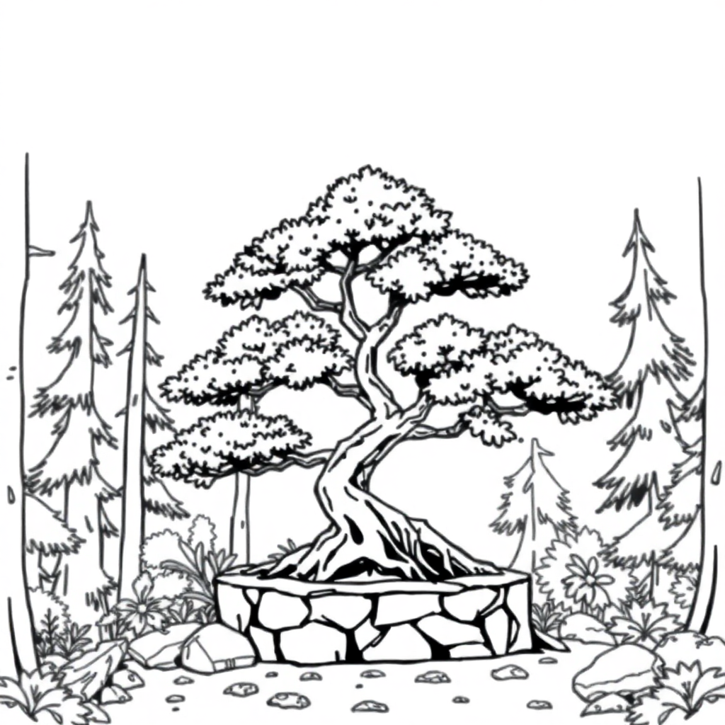 Bonsai Tree In Forest Coloring Page