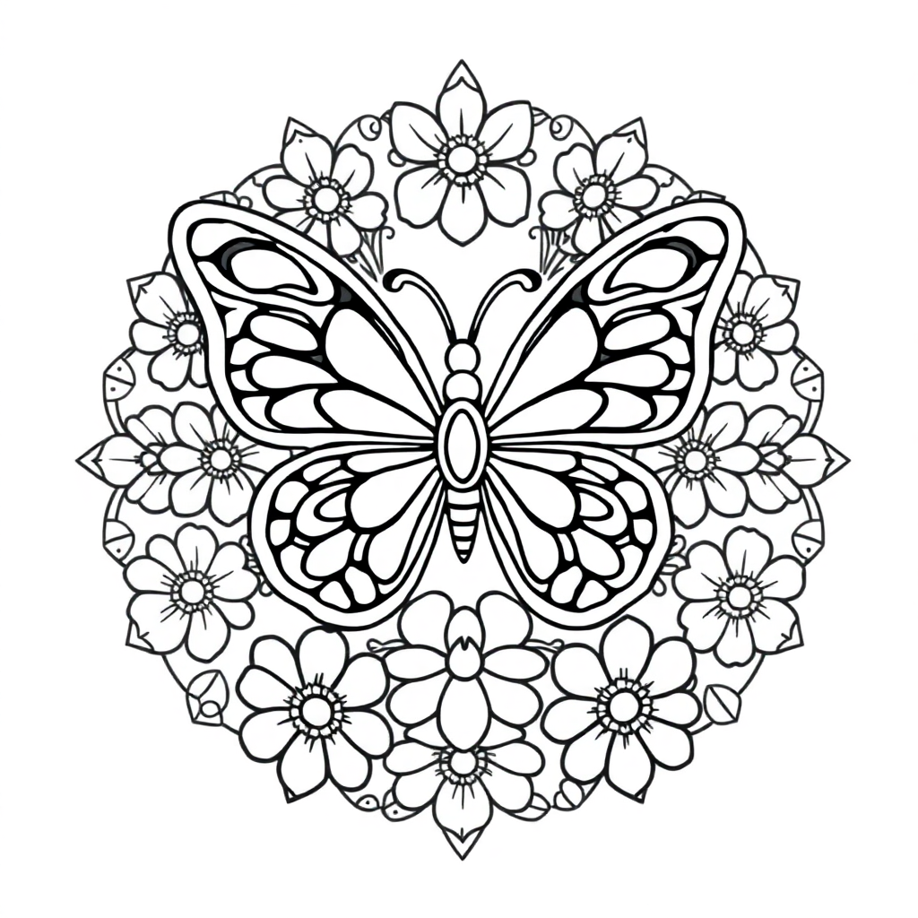 Butterfly Mandala With Flowers Coloring Page