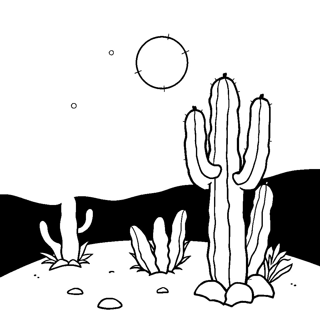 Cactus Desert At Night Coloring Page