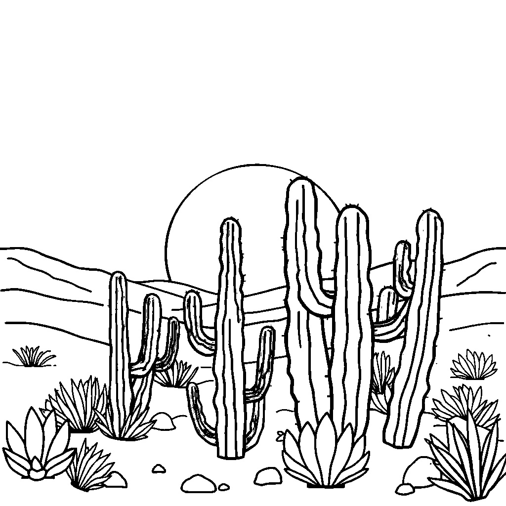 Cactus Desert At Sunset Coloring Page