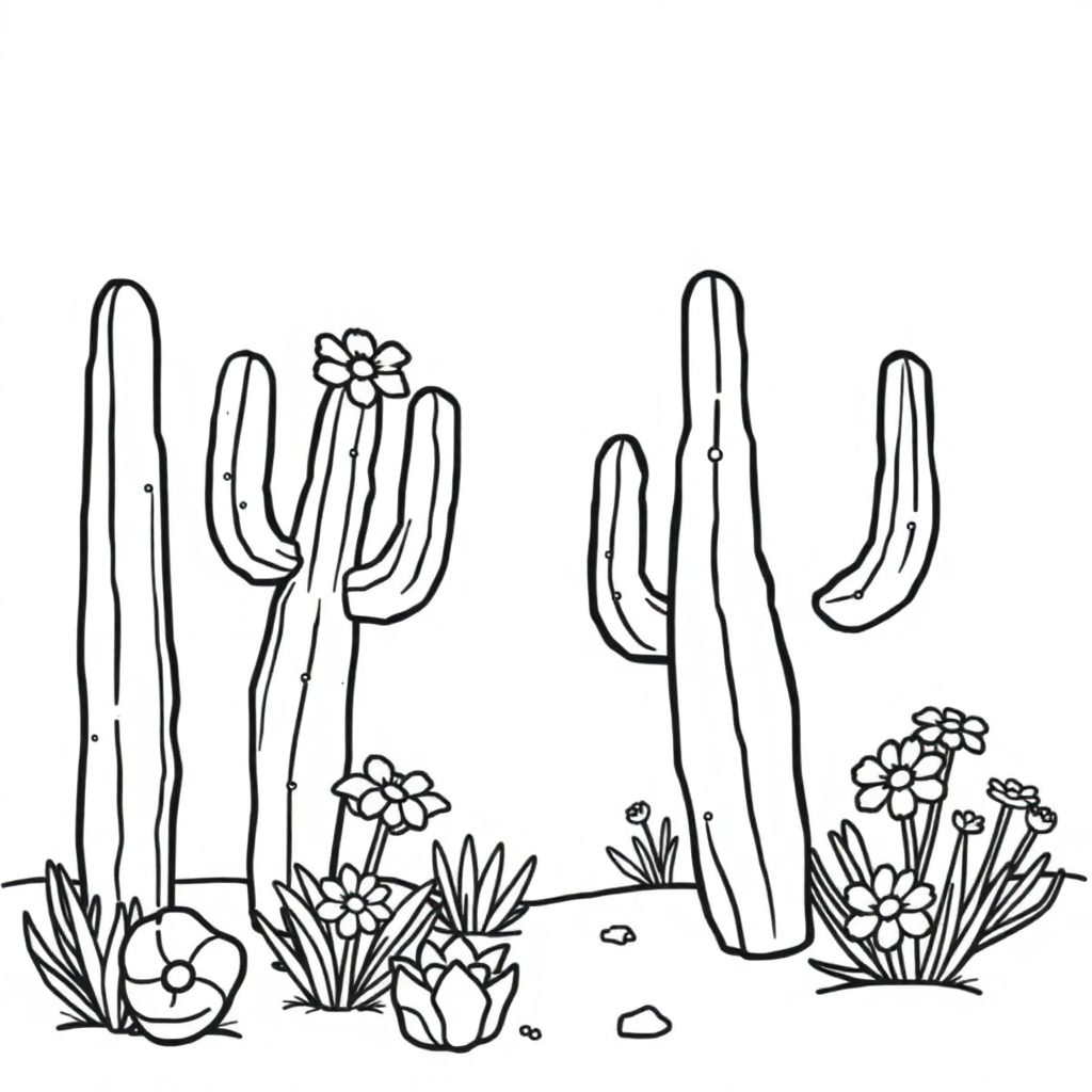 Cactus Desert With Flowers Coloring Page