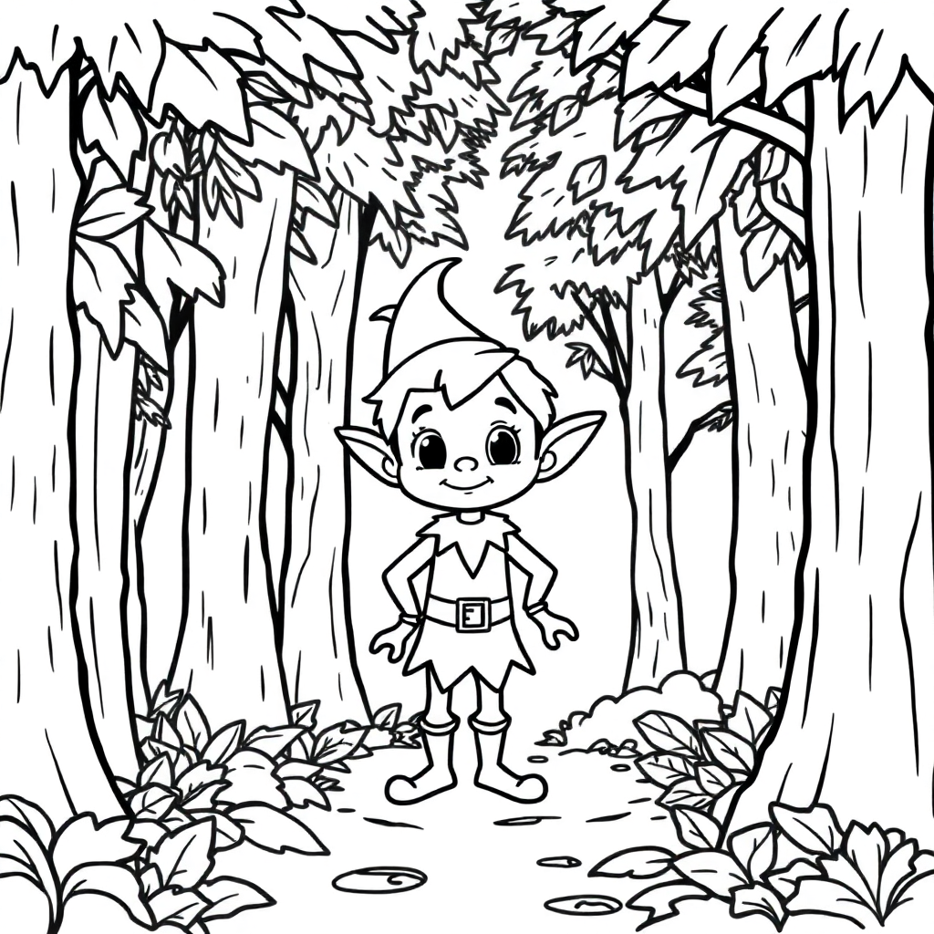 Cartoon Elf In Forest Coloring Page