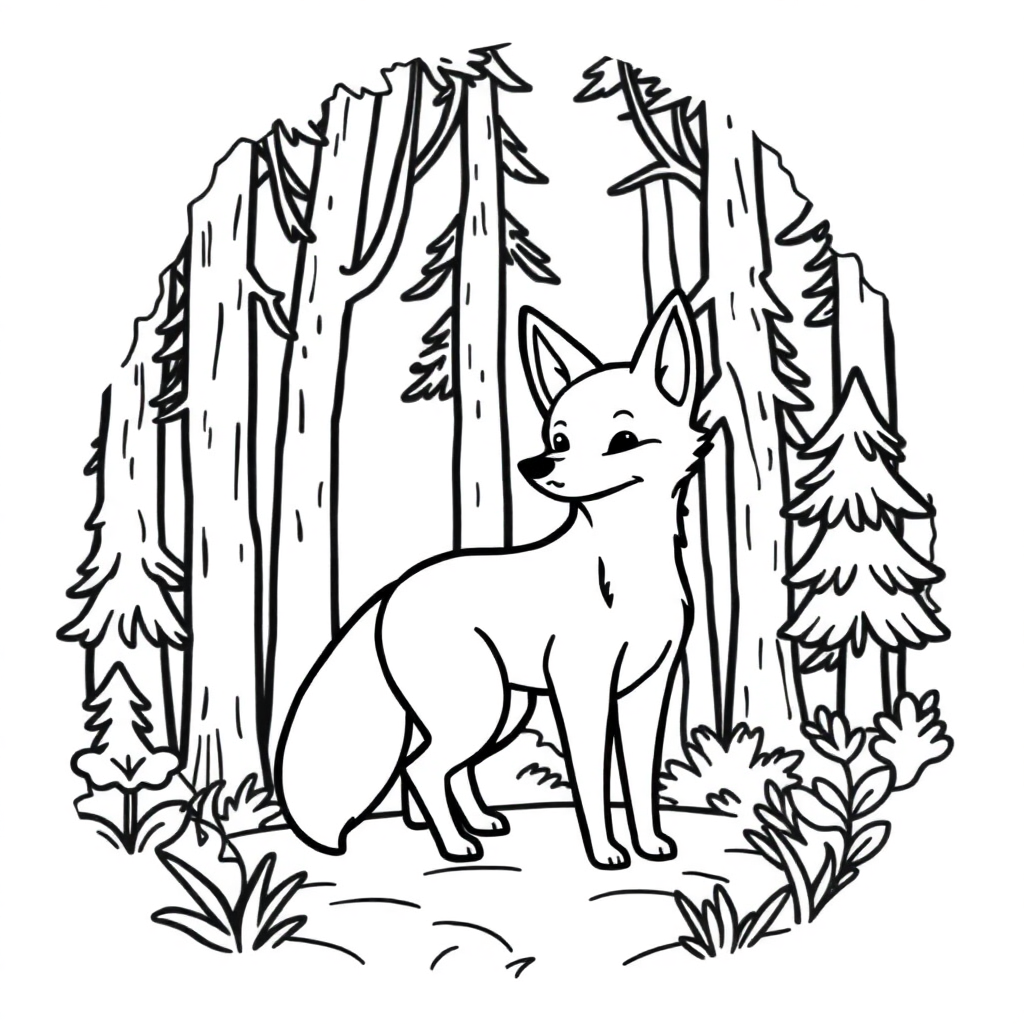 Cartoon Fox In Forest Coloring Page
