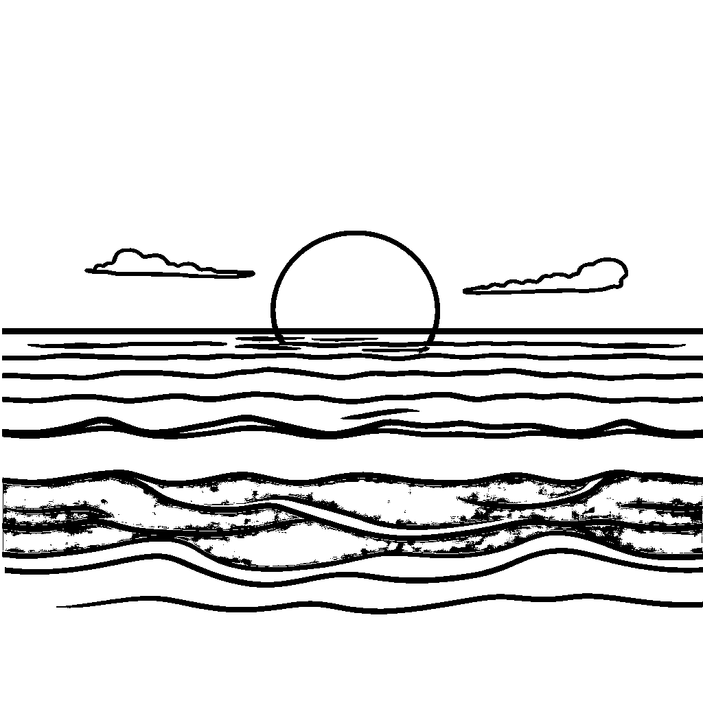 Cartoon Sunset Over Ocean Coloring Page