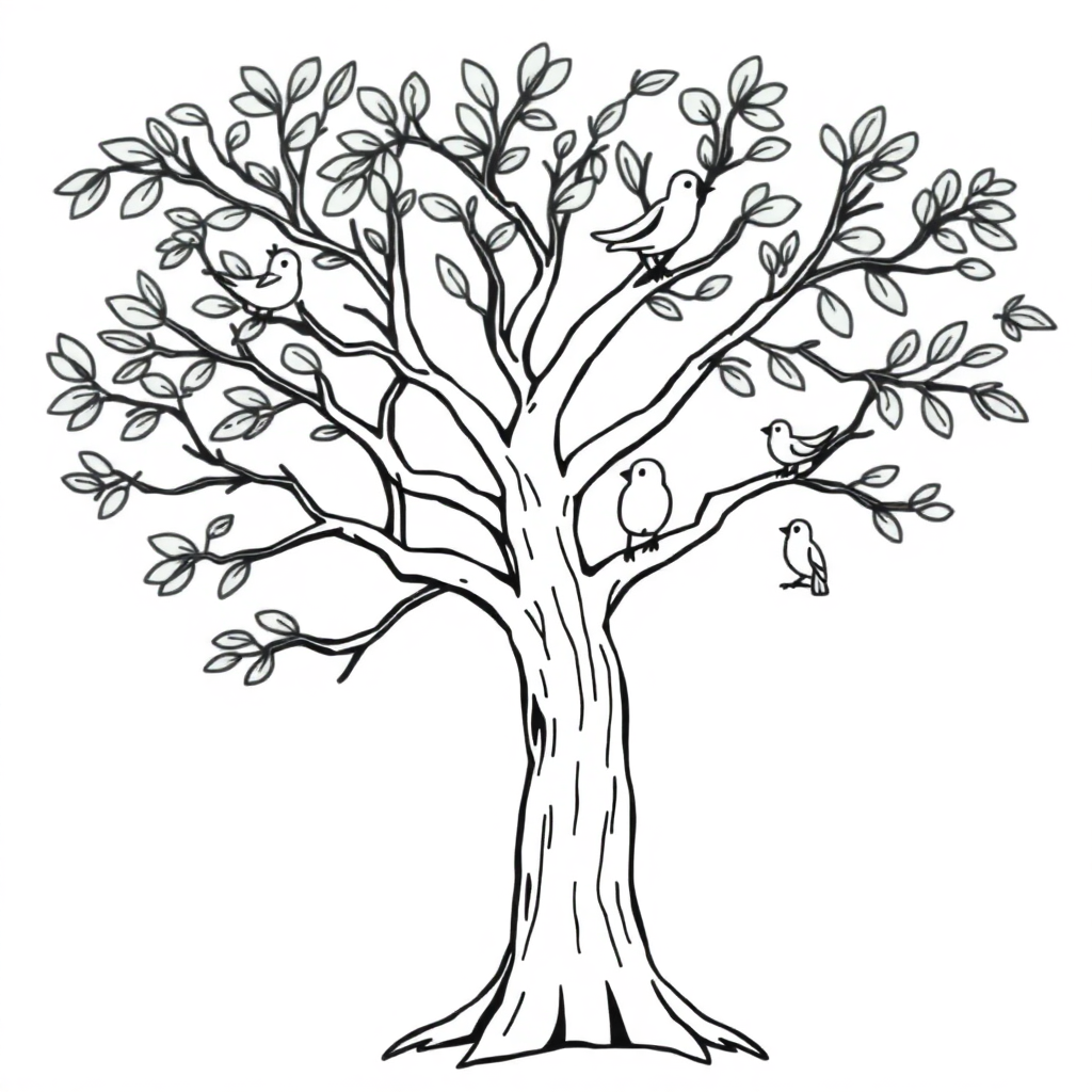 Cartoon Tree With Birds Coloring Page
