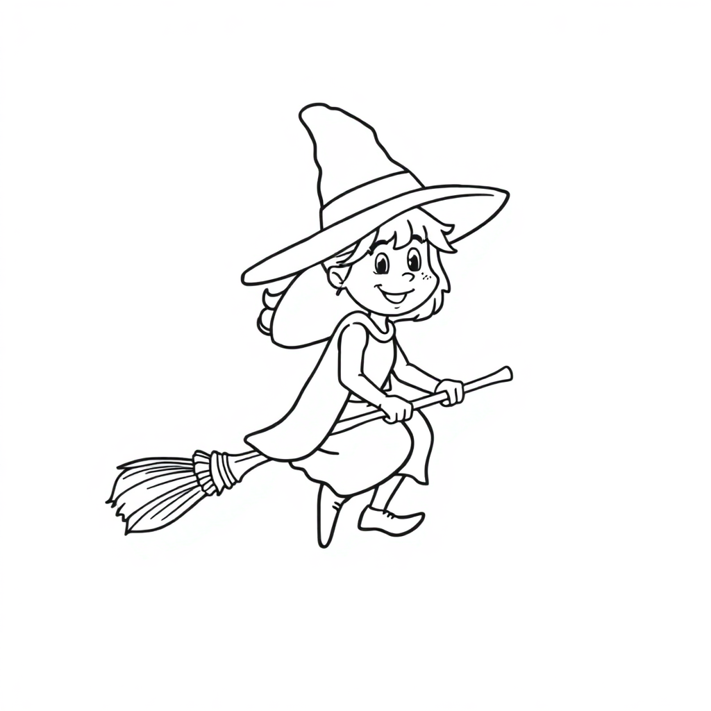 Cartoon Witch On Broomstick Coloring Page