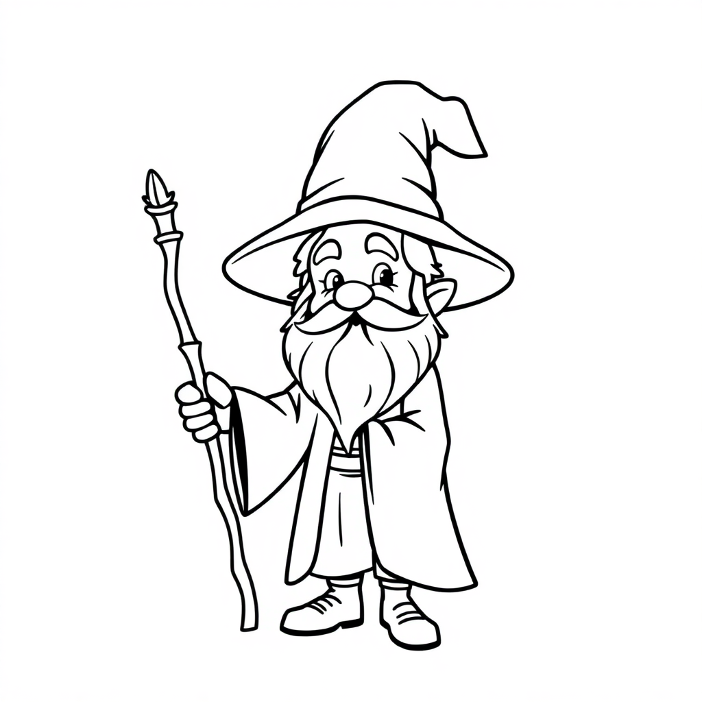 Cartoon Wizard With Staff Coloring Page