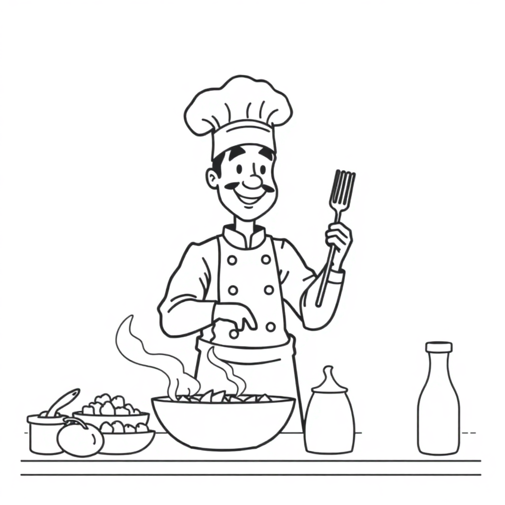Chef Cooking At Sunset Coloring Page