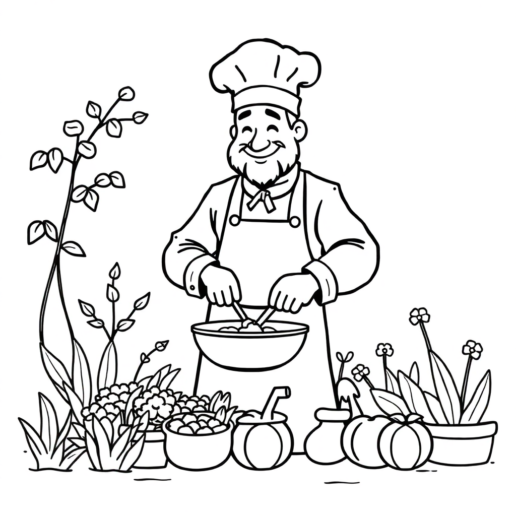 Printable Chef Cooking In Garden Coloring Page