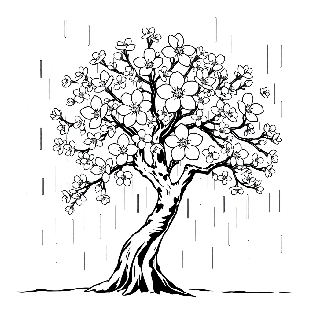 Cherry Blossom Tree In Rain Coloring Page