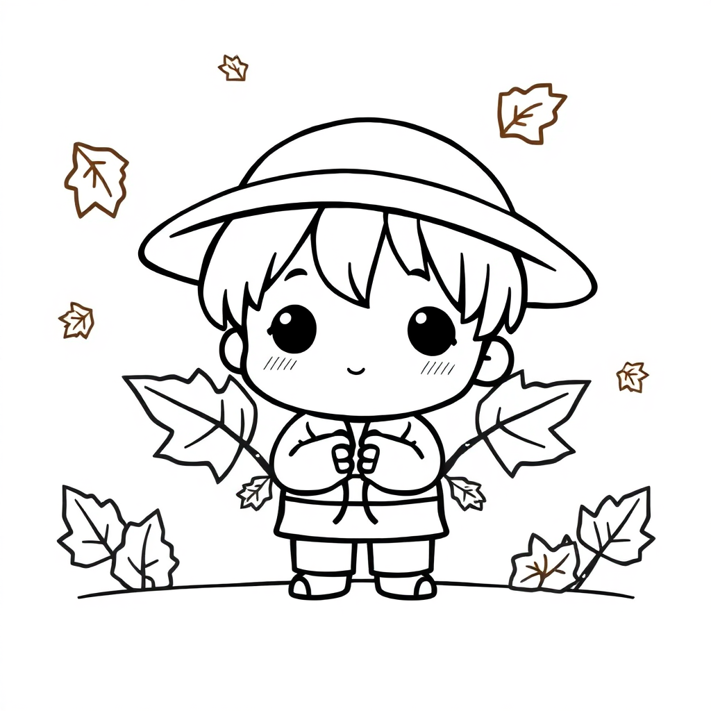 Chibi Autumn Leaves Coloring Page