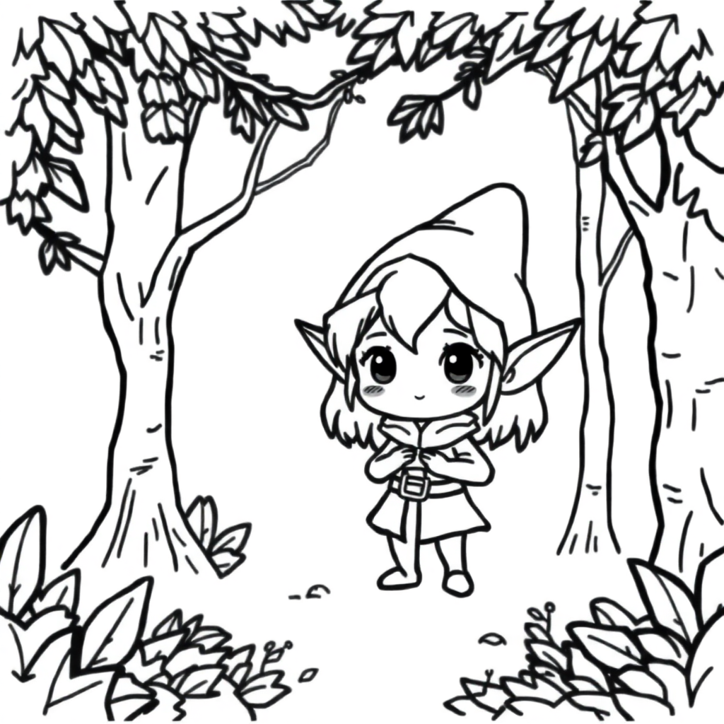 Chibi Elf In Forest Coloring Page