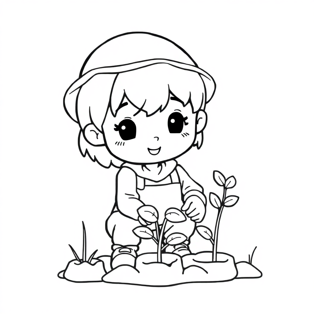 Chibi Gardener Planting Coloring Page