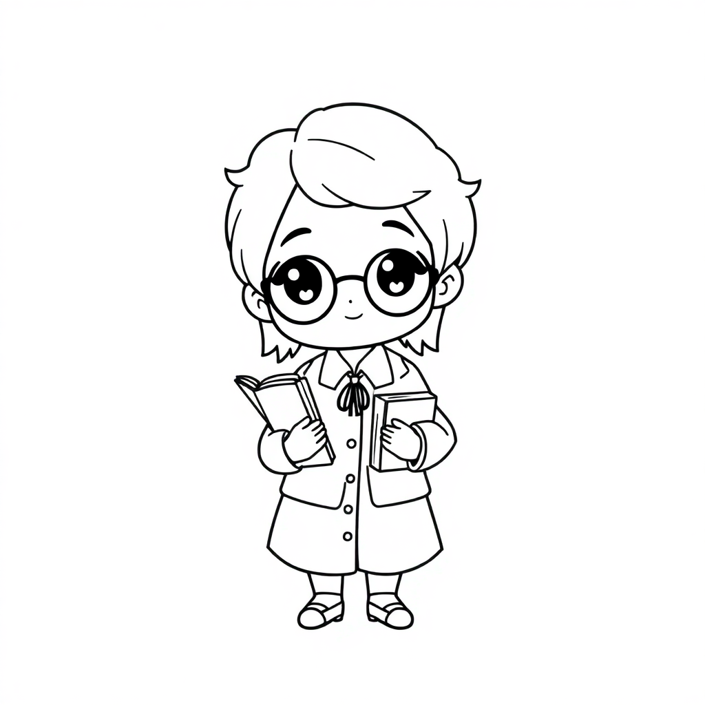 Chibi Librarian With Books Coloring Page