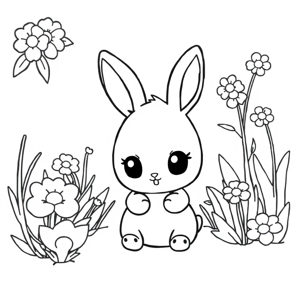 Chibi Rabbit In Garden Coloring Page