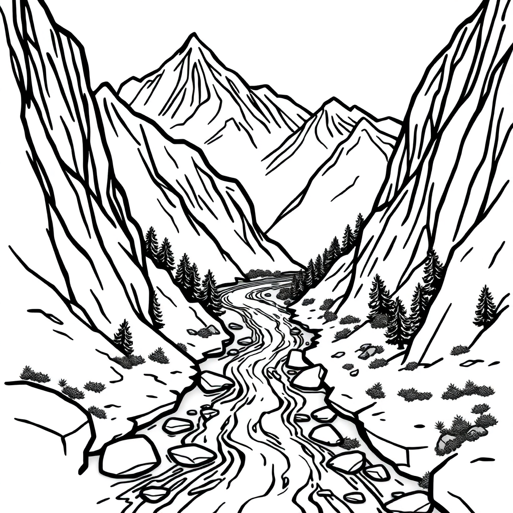 Chibi River Through Mountains Coloring Page