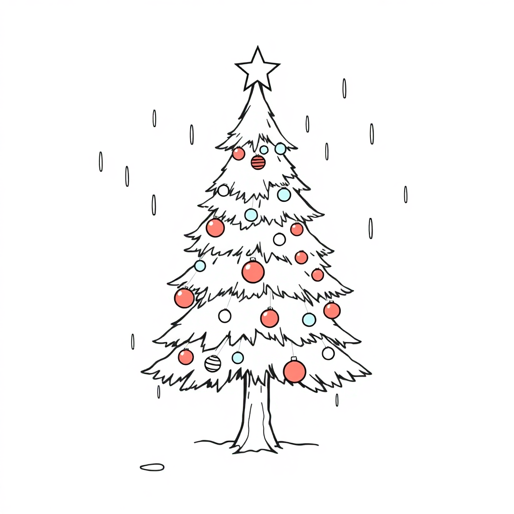 Christmas Tree Decorated In Rain Coloring Page
