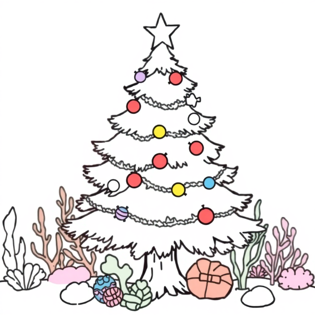 Christmas Tree Decorated Underwater Coloring Page