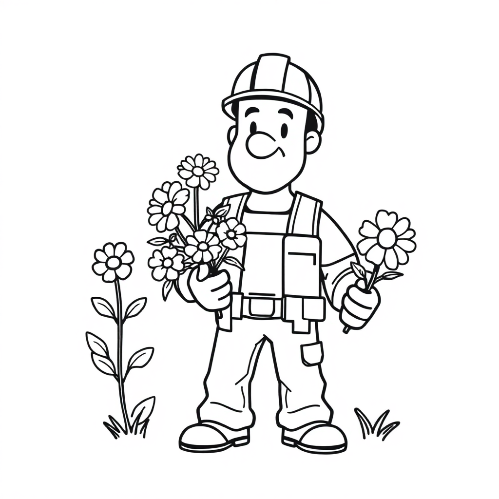 Construction Worker With Flowers Coloring Page