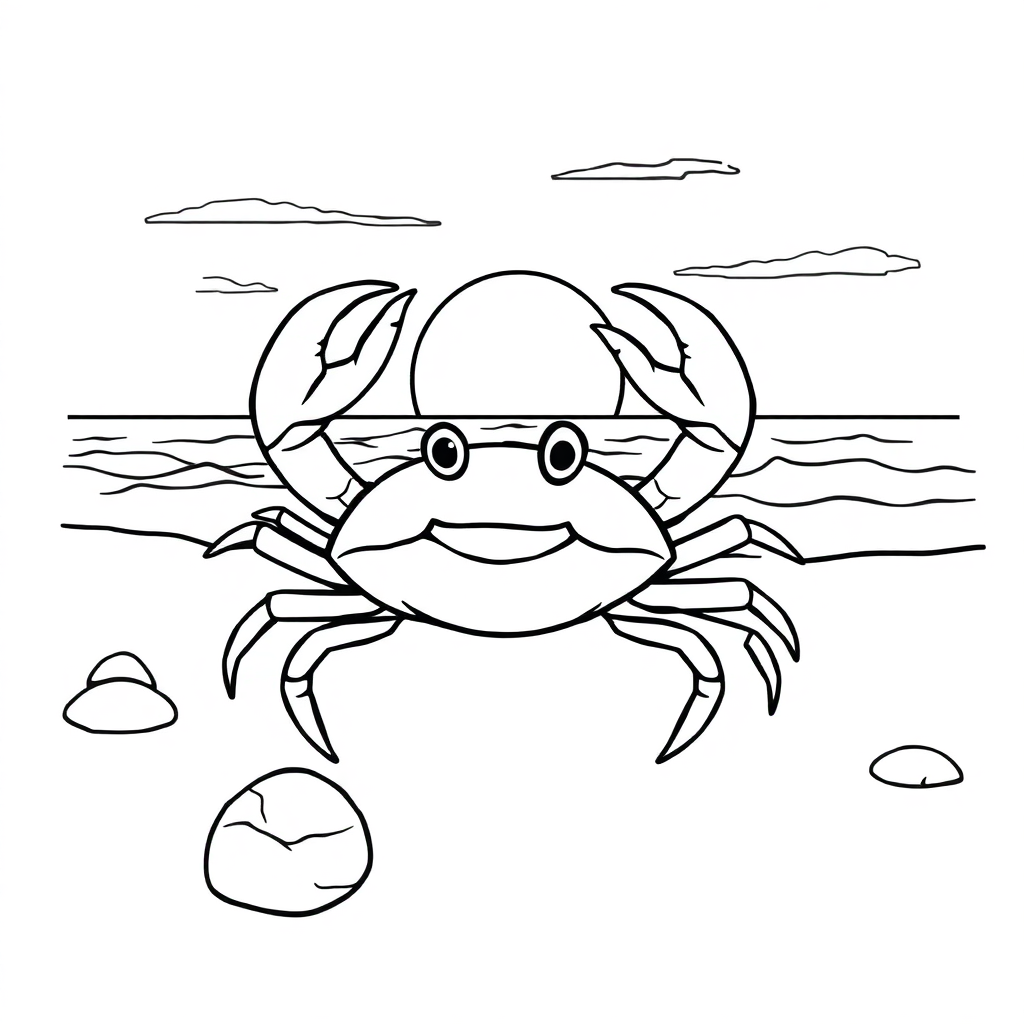 Crab On Beach At Sunset Coloring Page