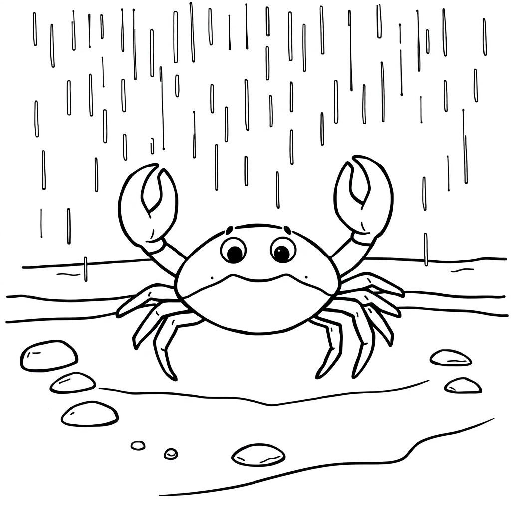 Crab On Beach In Rain Coloring Page