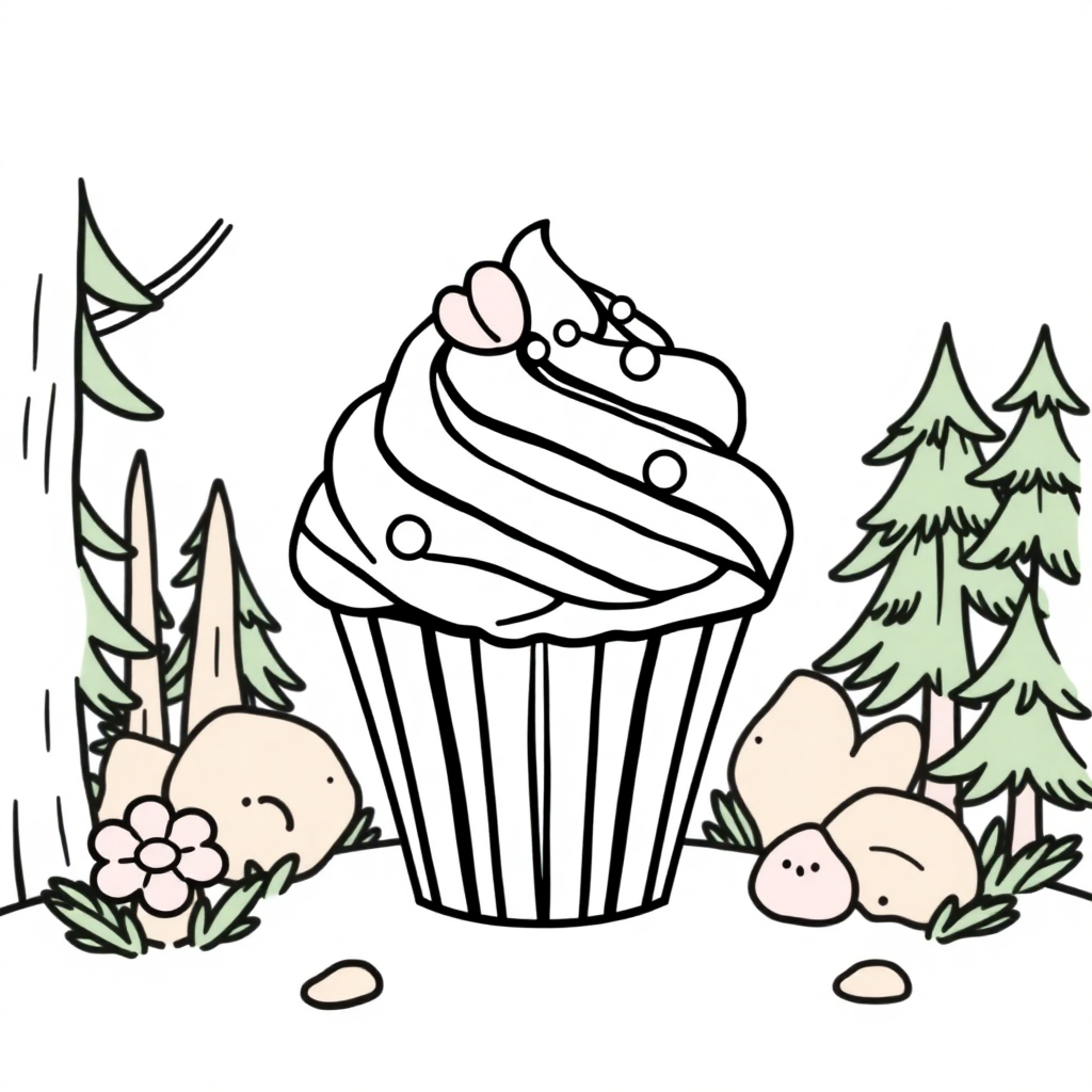 Cupcake Decorated In Forest Coloring Page