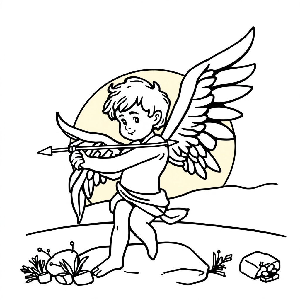 Cupid With Arrow At Sunset Coloring Page