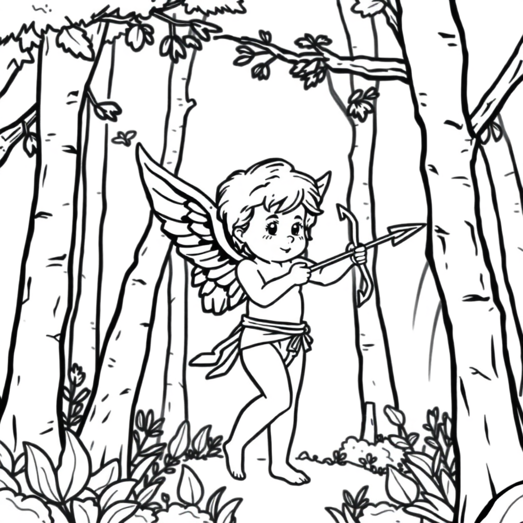 Cupid With Arrow In Forest Coloring Page